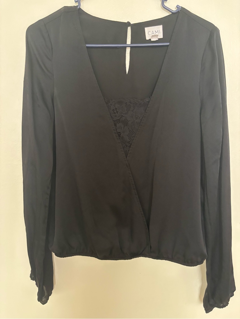 CAMI Black V-Neck Lace-Trim Long Sleeve Silk Blouse